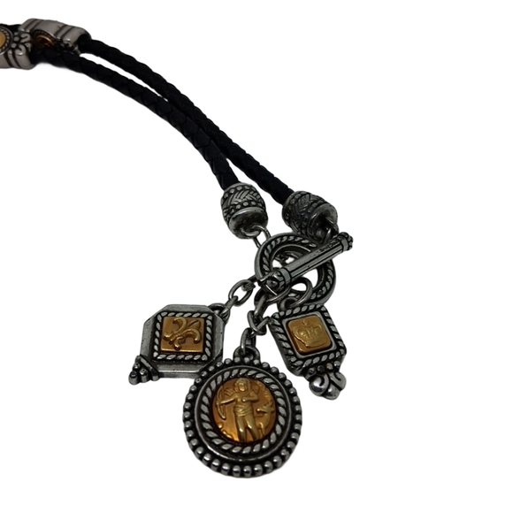 BRIGHTON VINTAGE BRAIDED LEATHER CORD WITH SILVER & COPPERTONE CHARMS NECKLACE - Picture 4 of 7